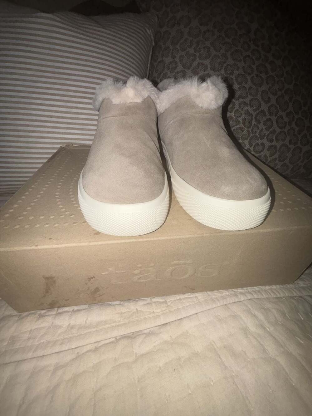 Taos Footwear Mini Chic Slip-On Dark Taupe Suede Faux Fur Bootie